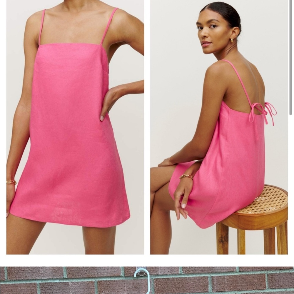 Reformation “Aubree” linen adjustable strap straight neck loose fit mini dress